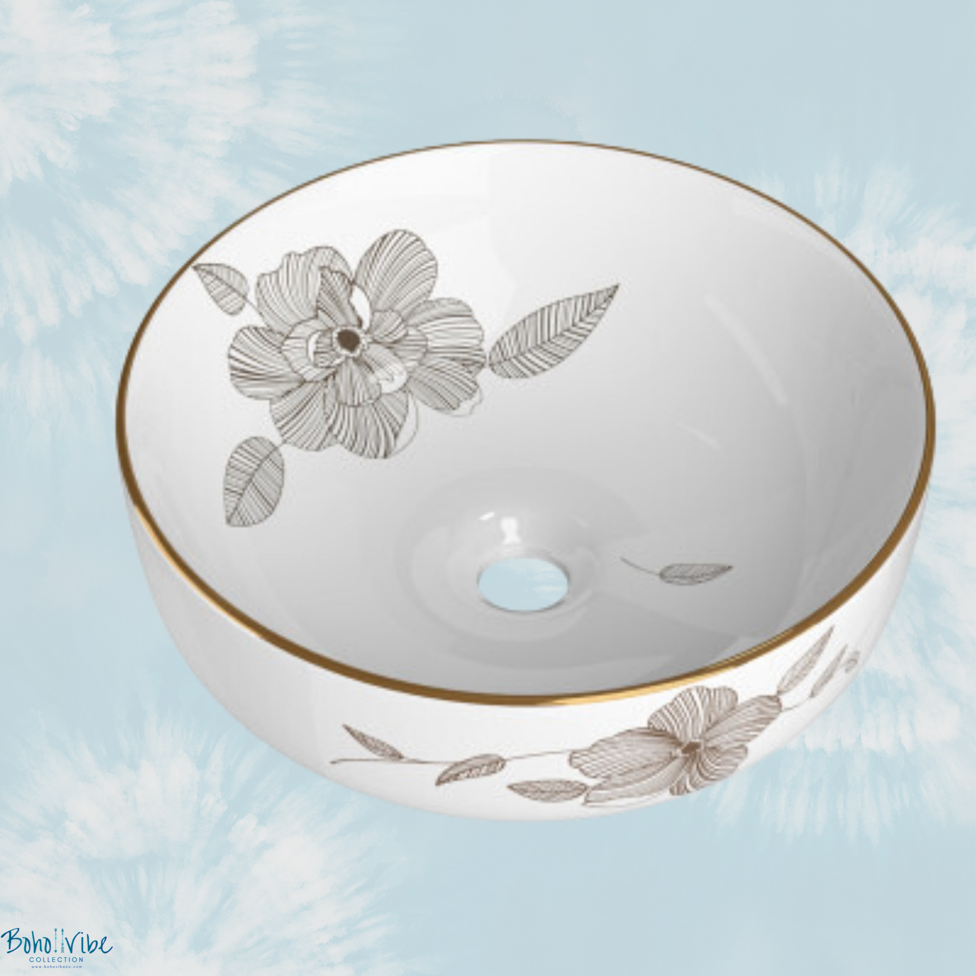 Boho ↡↟ Vibe Collection ↠ Flower Pattern Ceramic Cerfito Bathroom Sink Basin