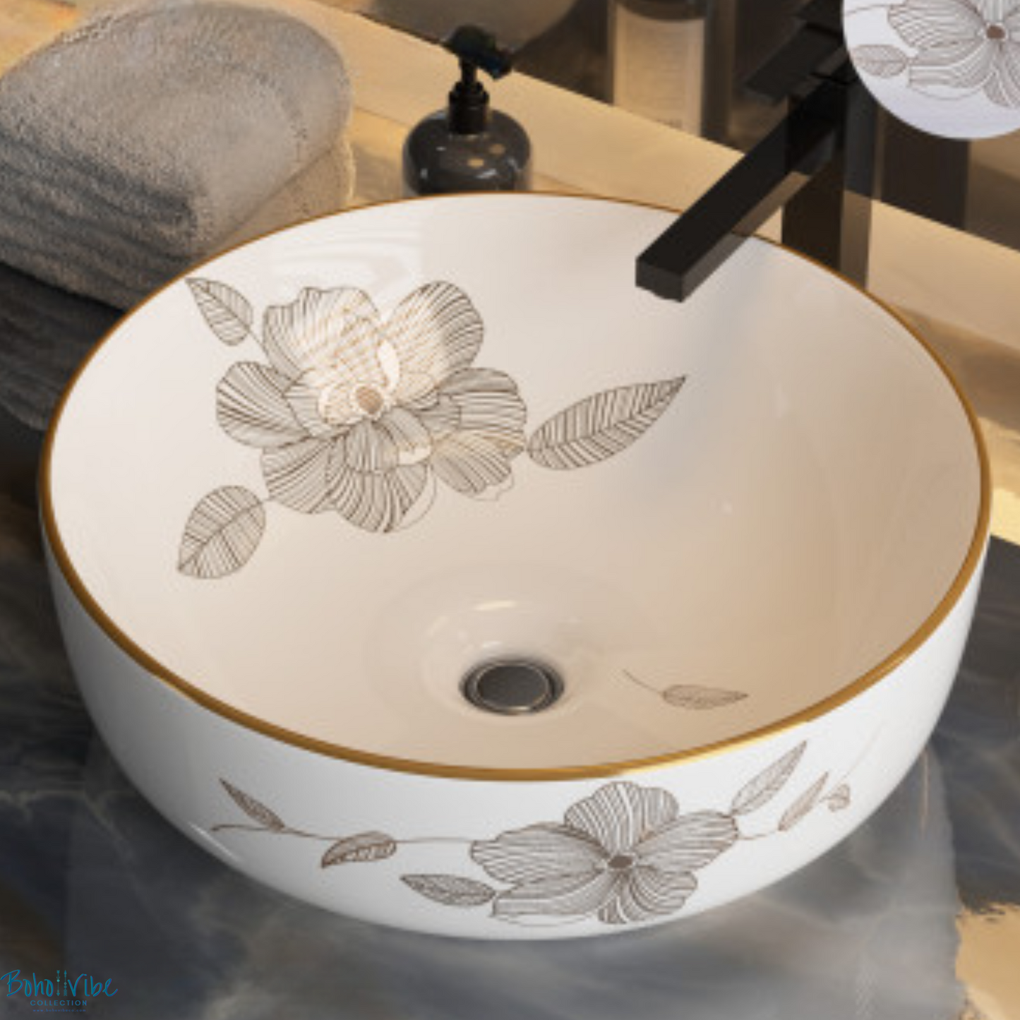 Boho ↡↟ Vibe Collection ↠ Flower Pattern Ceramic Cerfito Bathroom Sink Basin