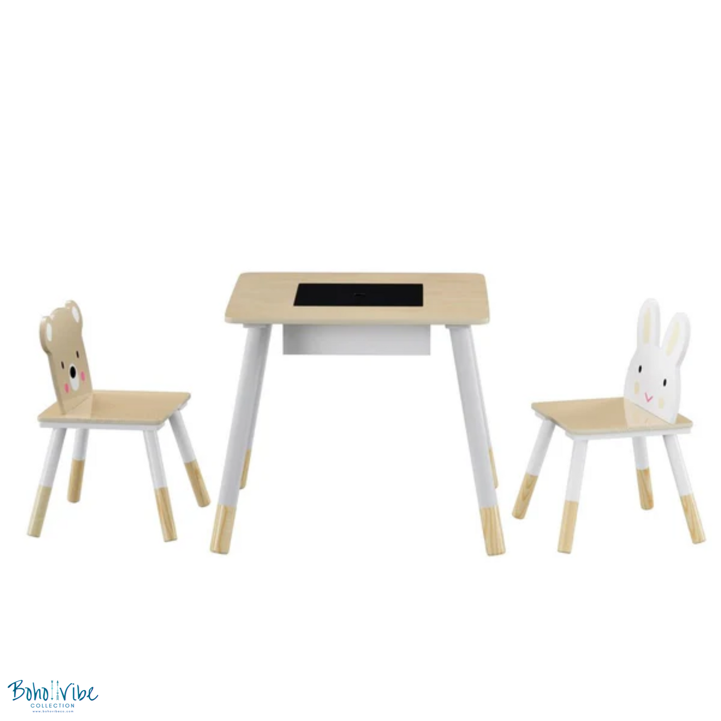 3-Piece Kids Table Chairs Set with Bear & Bunny Chairs, Play Study Desk ↡