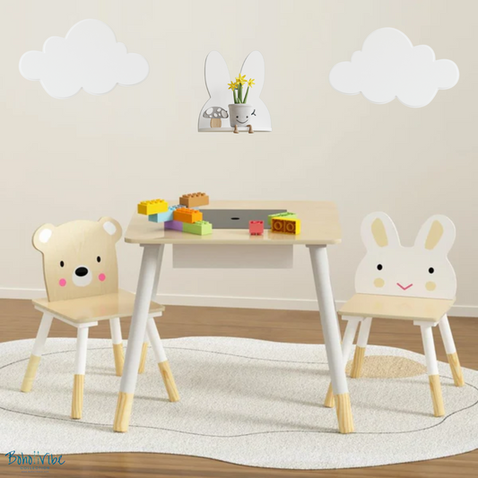 3-Piece Kids Table Chairs Set with Bear & Bunny Chairs, Play Study Desk ↡