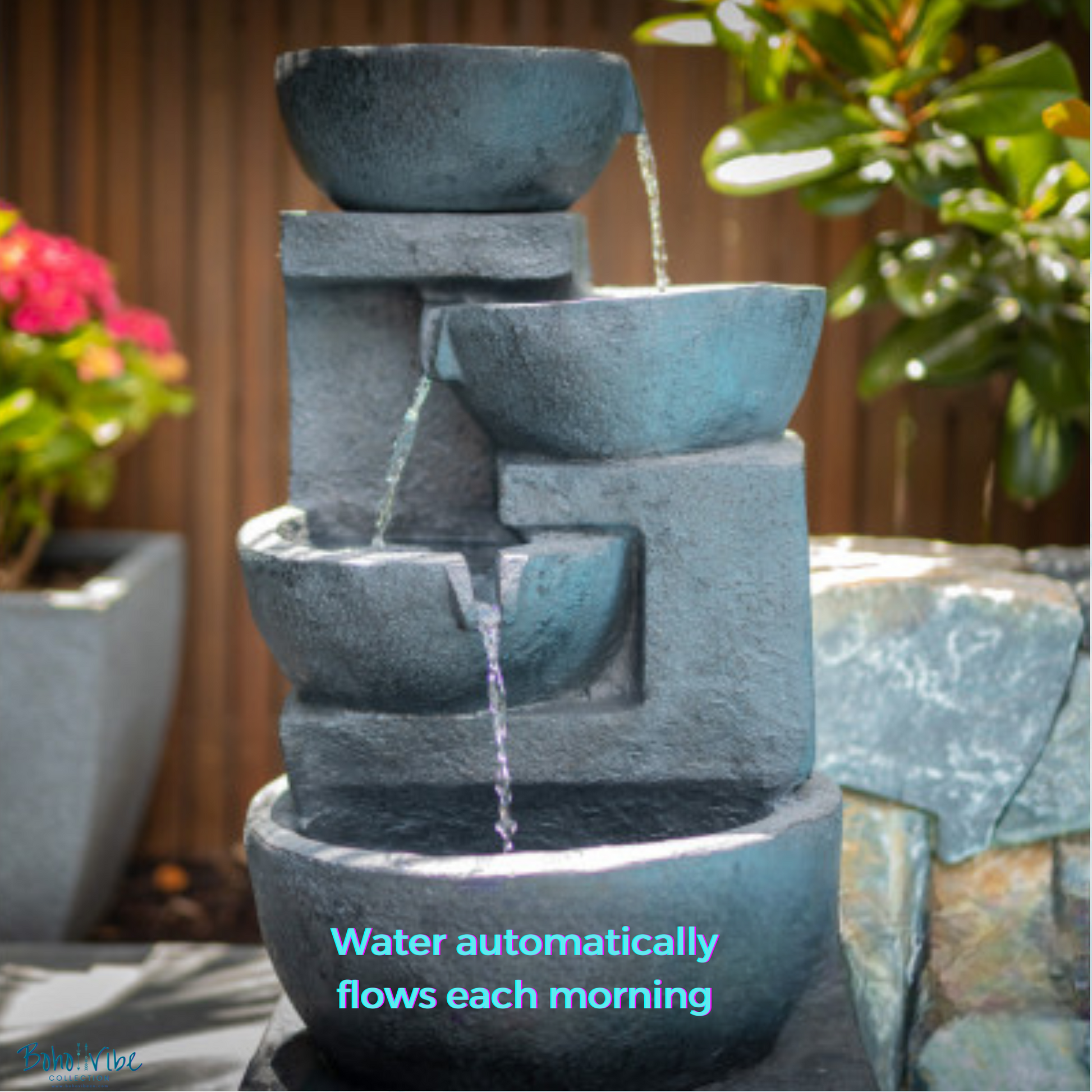 Boho ↡↟ Vibe Collection ↠ Water Fountain Outdoor Solar Power Water Feature Charcoal Colour 4 Bowls and LED Lights 