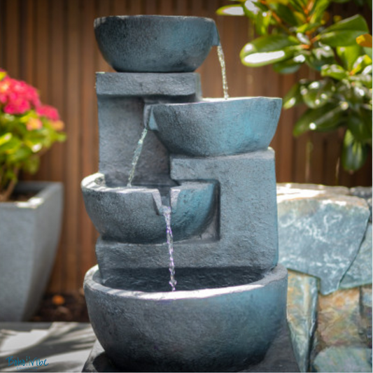 Water Fountain Outdoor Solar Power Water Feature Blue Colour 4 Bowls and LED Lights ↡