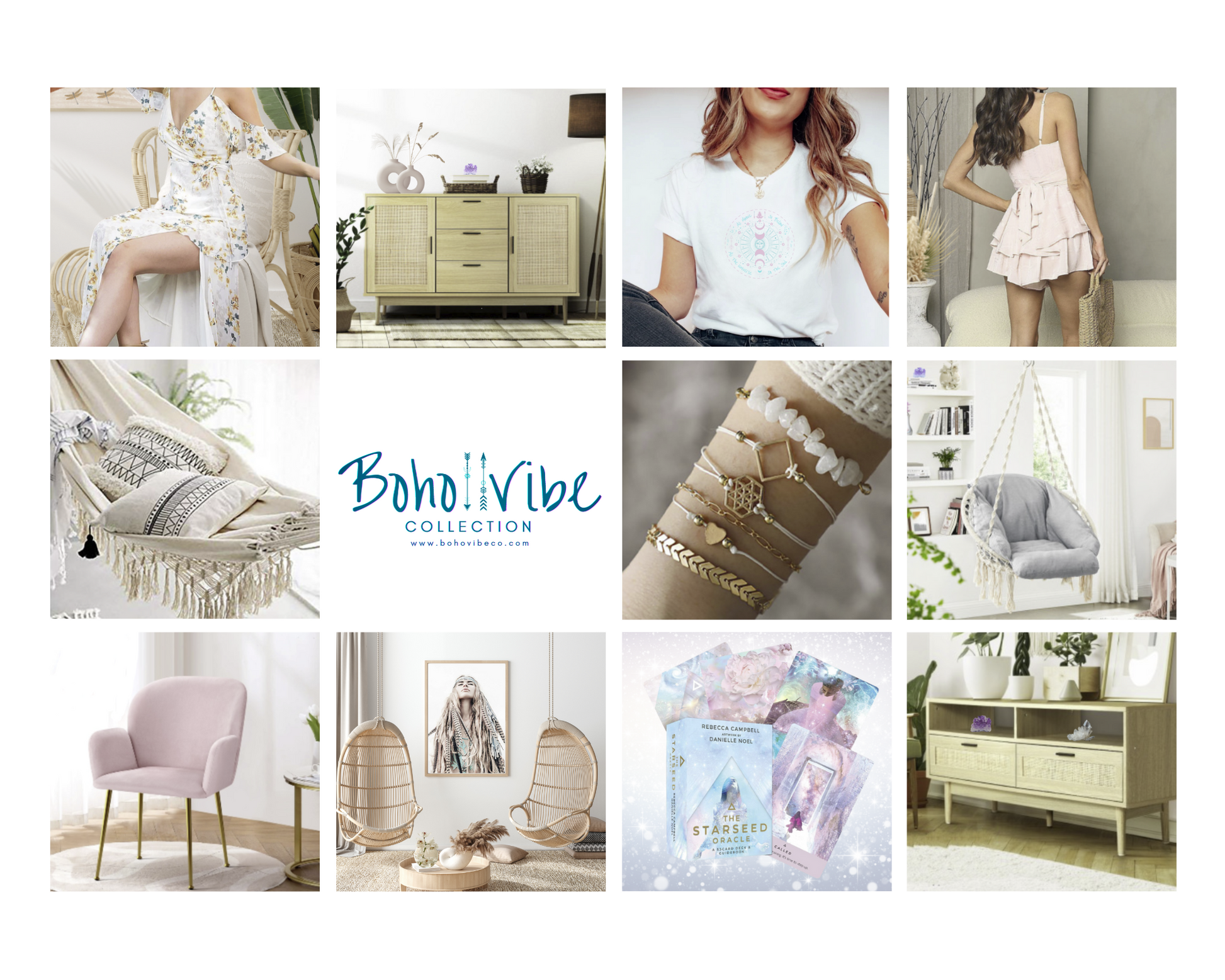 Boho ↡↟ Vibe Collection ↠ Rattan Rocking Chair White Sherpa Boucle Bohemian Chair 