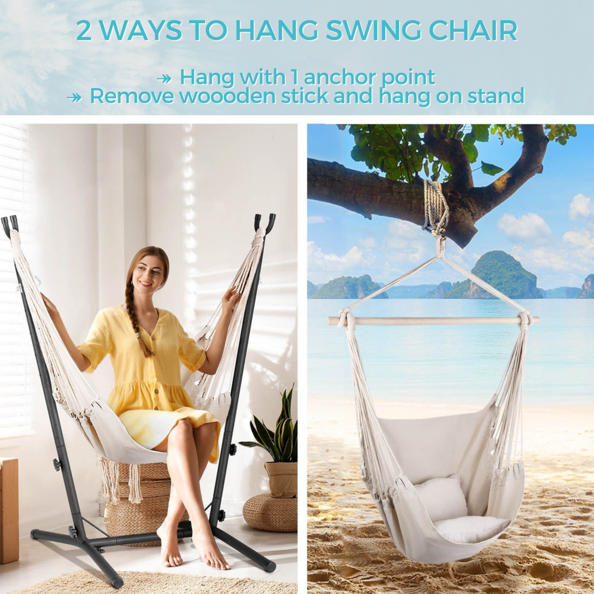Boho ↡↟ Vibe Collection ↠ Cream Swing Hammock Chair with Padded Seat and Stand ↡