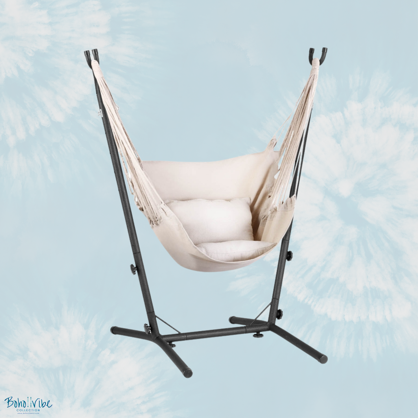 Boho ↡↟ Vibe Collection ↠ Cream Swing Hammock Chair with Padded Seat and Stand ↡