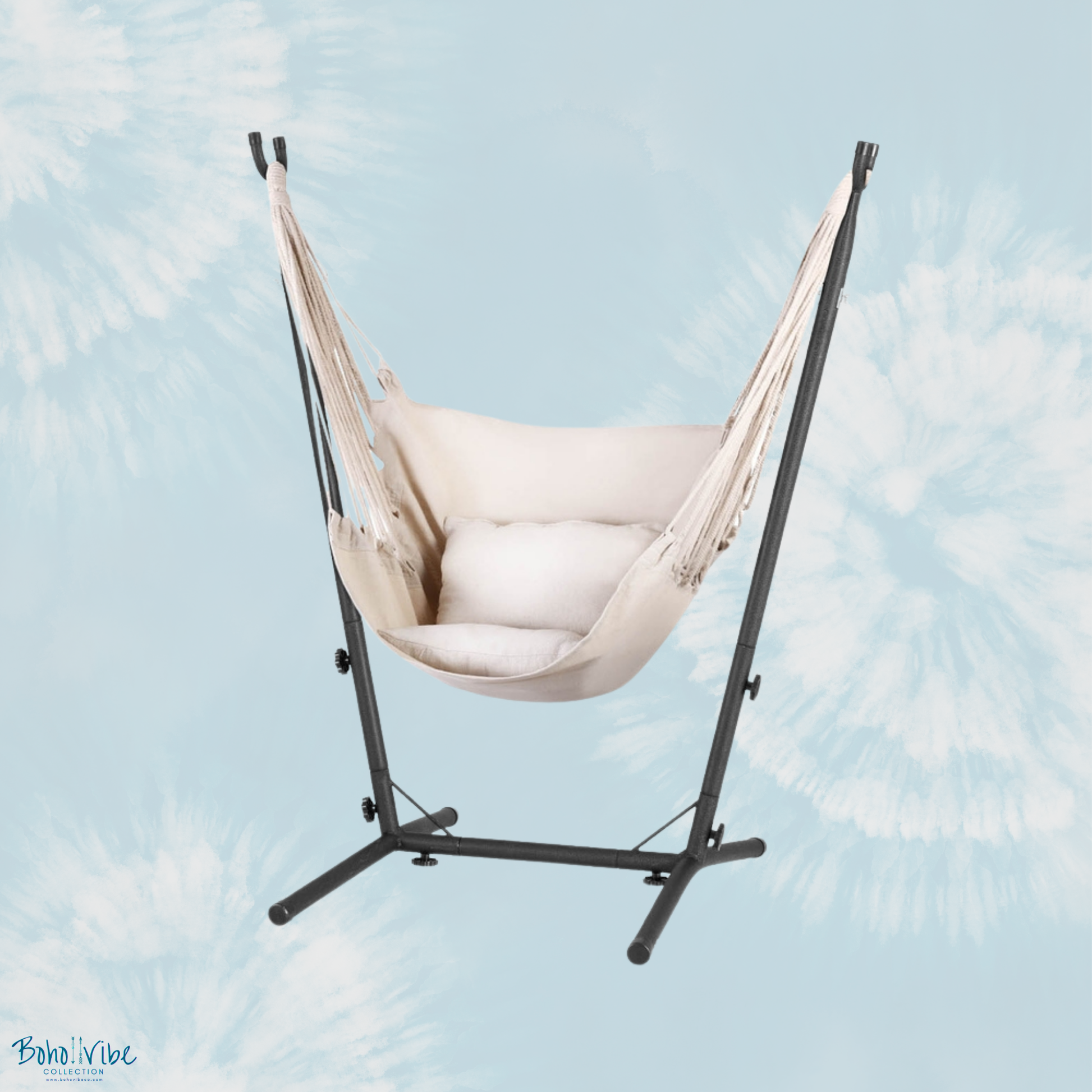 Boho ↡↟ Vibe Collection ↠ Cream Swing Hammock Chair with Padded Seat and Stand ↡