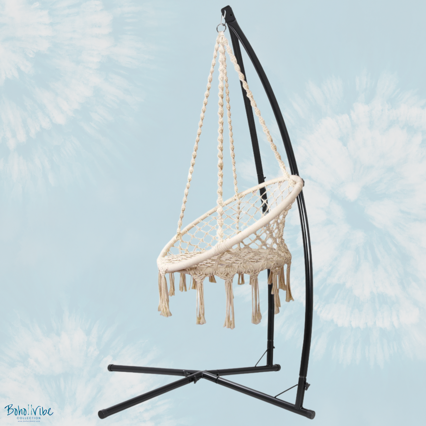 Boho ↡↟ Vibe Collection ↠ Cream Macramé Hammock Chair Swing with Steel Stand