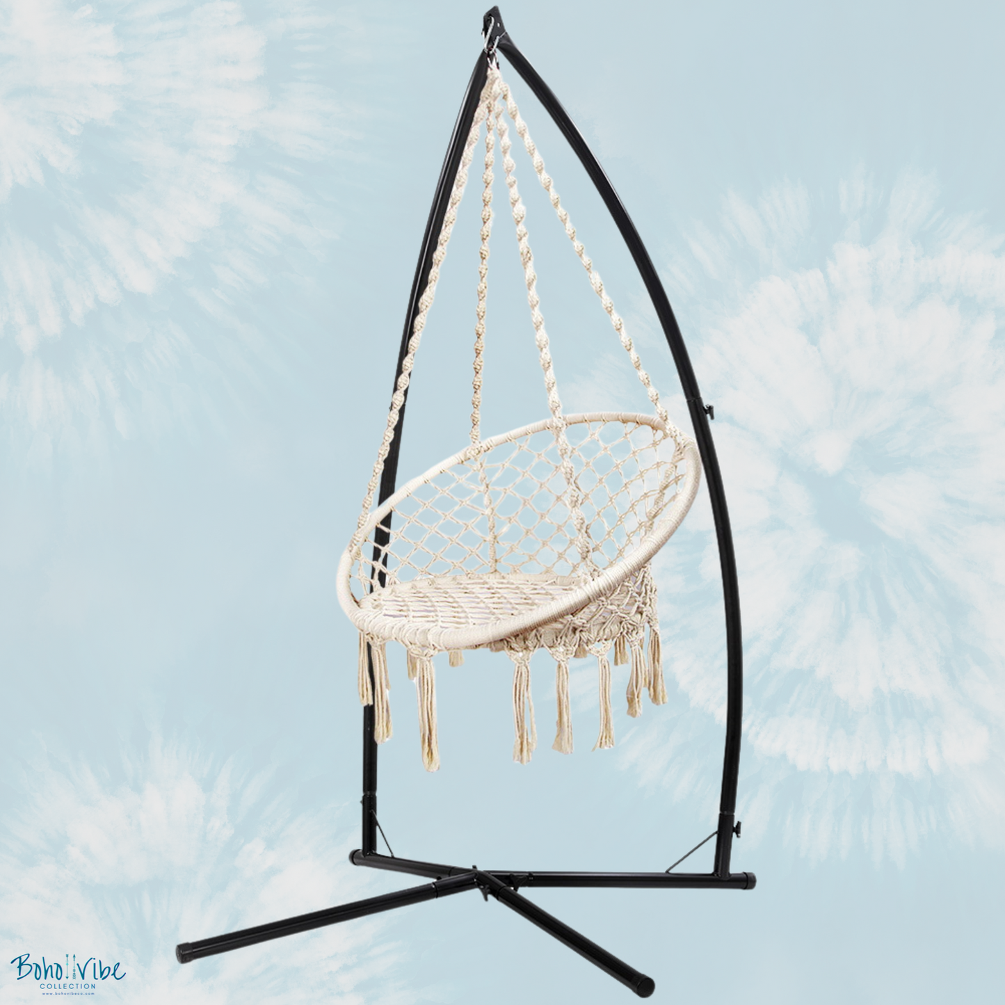 Boho ↡↟ Vibe Collection ↠ Cream Macramé Hammock Chair Swing with Steel Stand