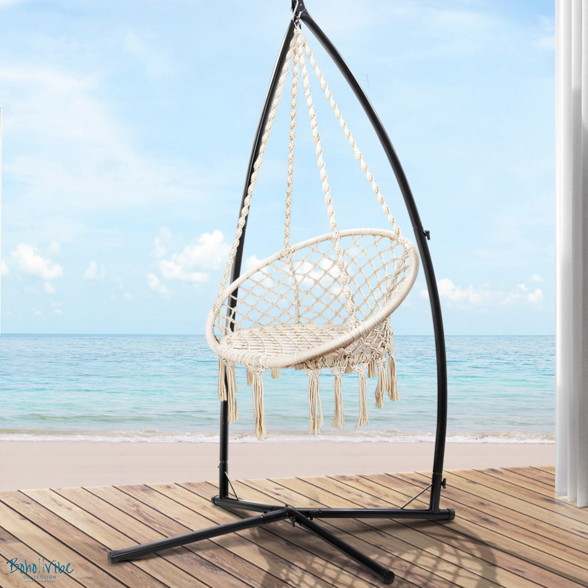 Boho ↡↟ Vibe Collection ↠ Cream Macramé Hammock Chair Swing with Steel StandBoho ↡↟ Vibe Collection ↠ Cream Macramé Hammock Chair Swing with Steel Stand