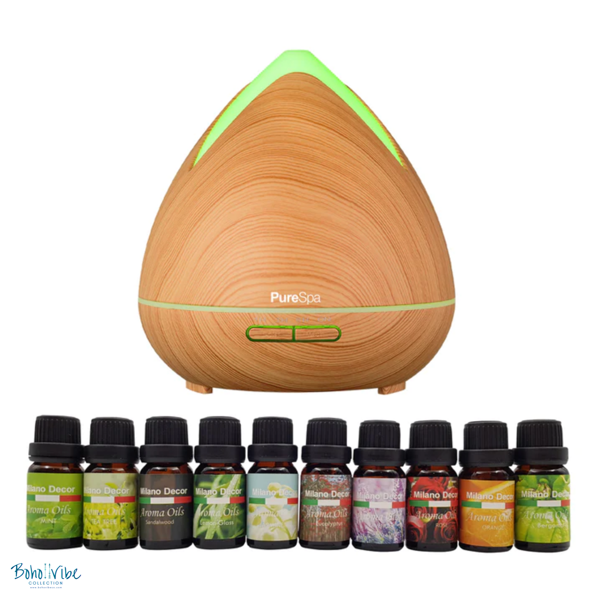 Boho ↡↟ Vibe Collection ↠ Purespa Light Brown Diffuser Set Essential Oil Burner Humidifier 13 Pack Oils with LED Night Light ↡