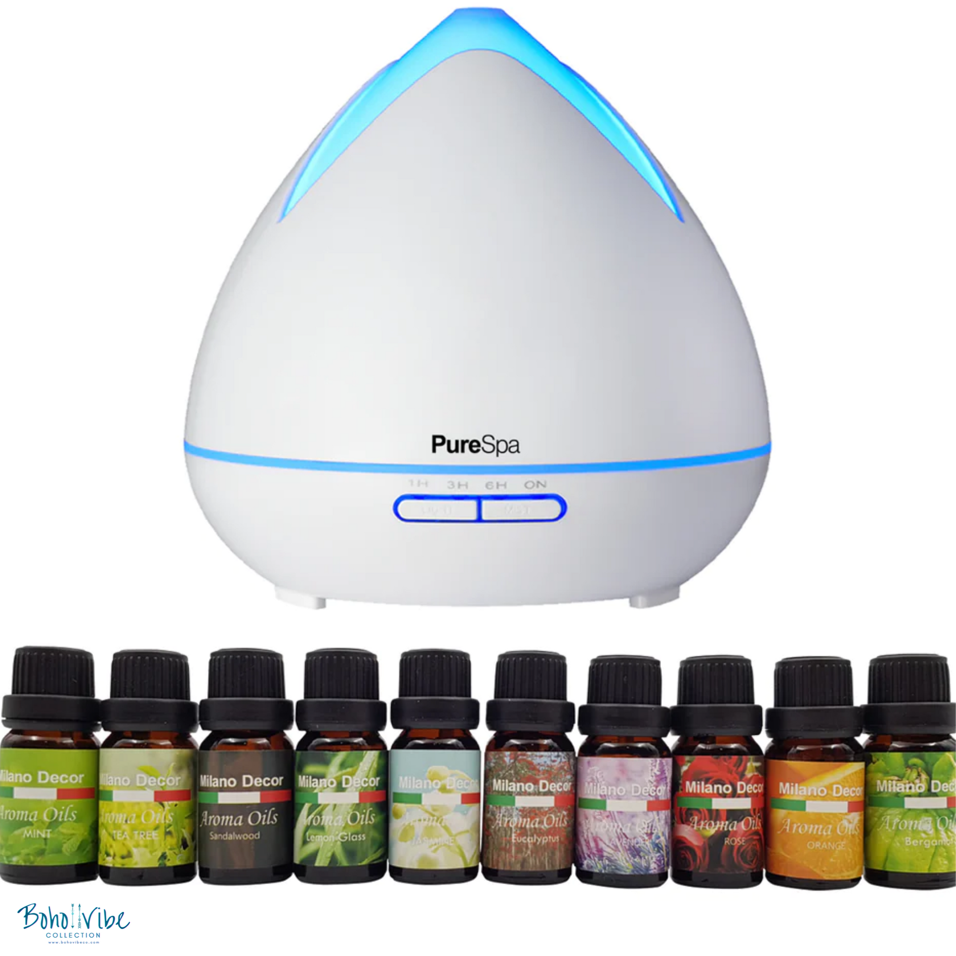 Boho ↡↟ Vibe Collection ↠Purespa White Diffuser Set Essential Oil Burner Humidifier 13 Pack Oils with LED Night Light 