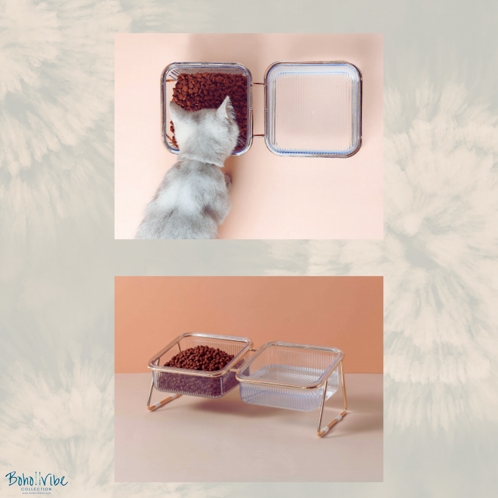 Boho ↡↟ Vibe Collection ↠ Pet Dog Cat Double Food Water Bowls Transparent Gold Kitten Puppy Feeding Dishes