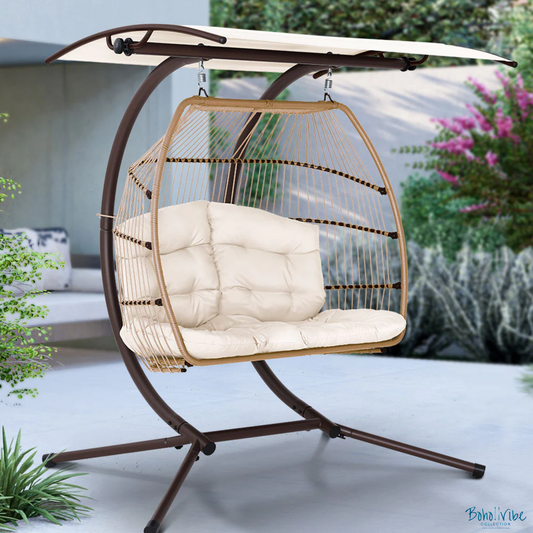 Boho ↡↟ Vibe Collection ↠ Wicker Double Hanging Pod Egg Swing Hammock Chair with Stand 