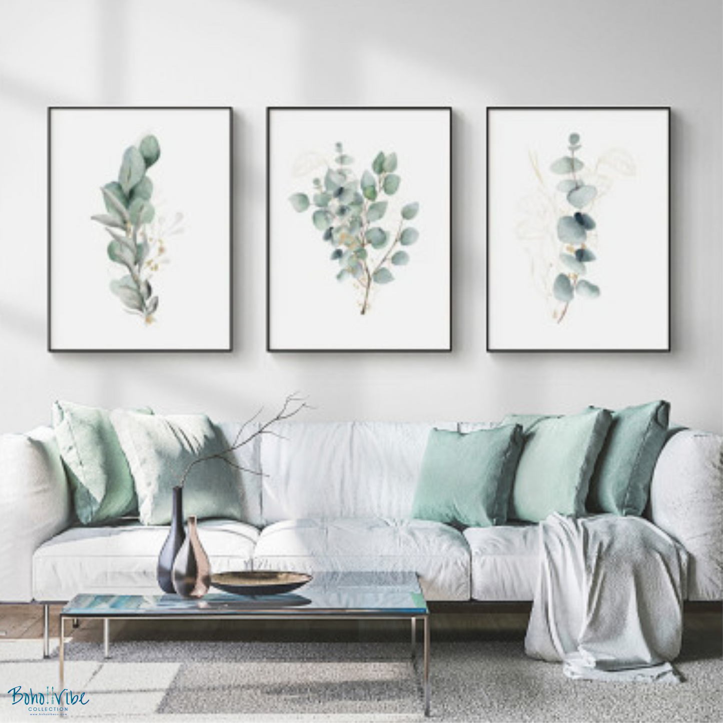 Boho ↡↟ Vibe Collection ↠ Eucalyptus Plant Themed Canvas Set of 3 Black Framed Wall Art 