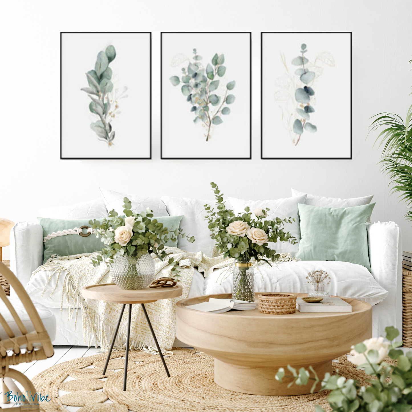 Boho ↡↟ Vibe Collection ↠ Eucalyptus Plant Themed Canvas Set of 3 Black Framed Wall Art 