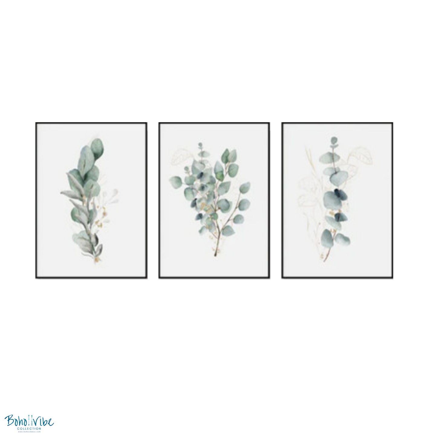 Boho ↡↟ Vibe Collection ↠ Eucalyptus Plant Themed Canvas Set of 3 Black Framed Wall Art 