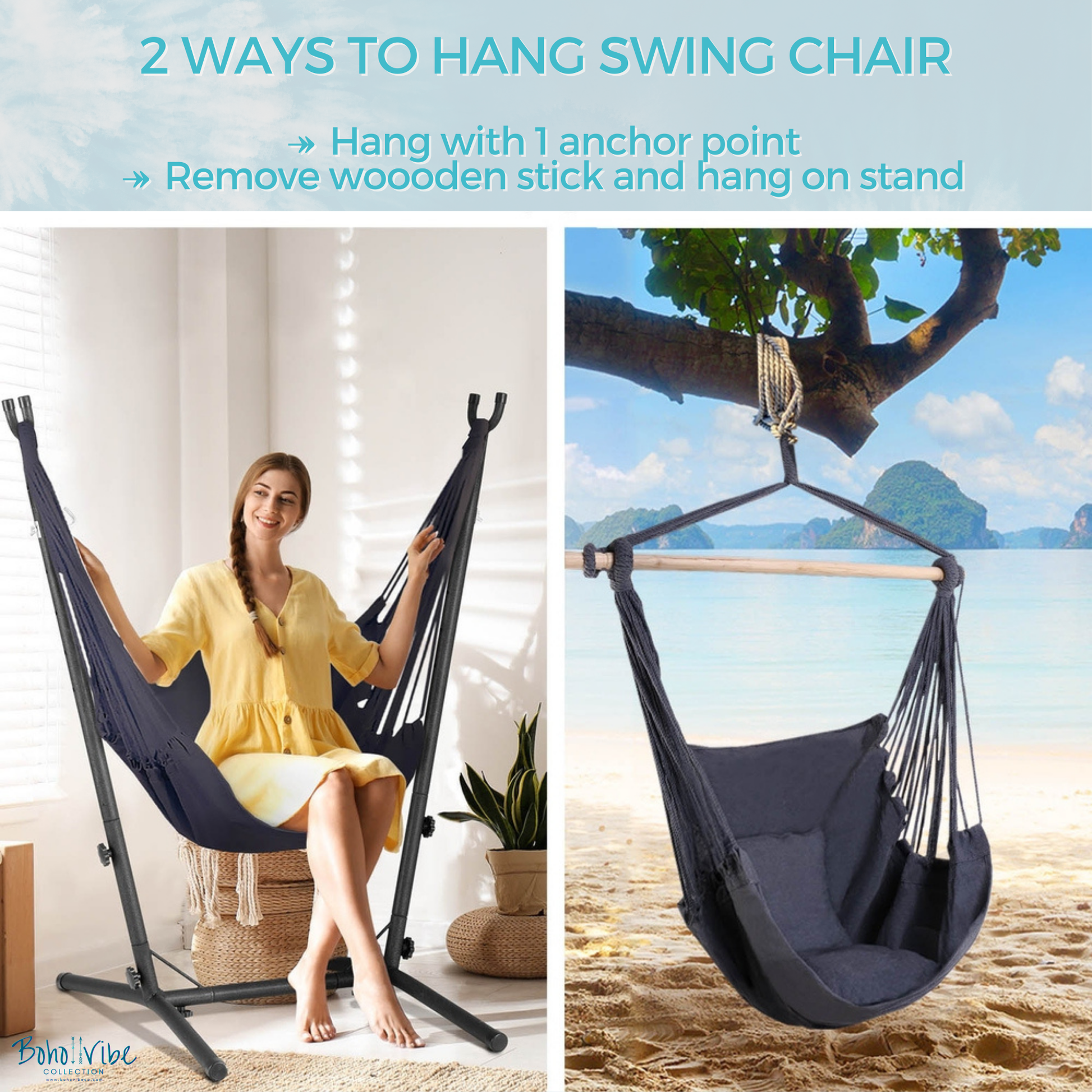 Boho ↡↟ Vibe Collection ↠ Grey Swing Hammock Chair with Padded Seat and Stand ↡