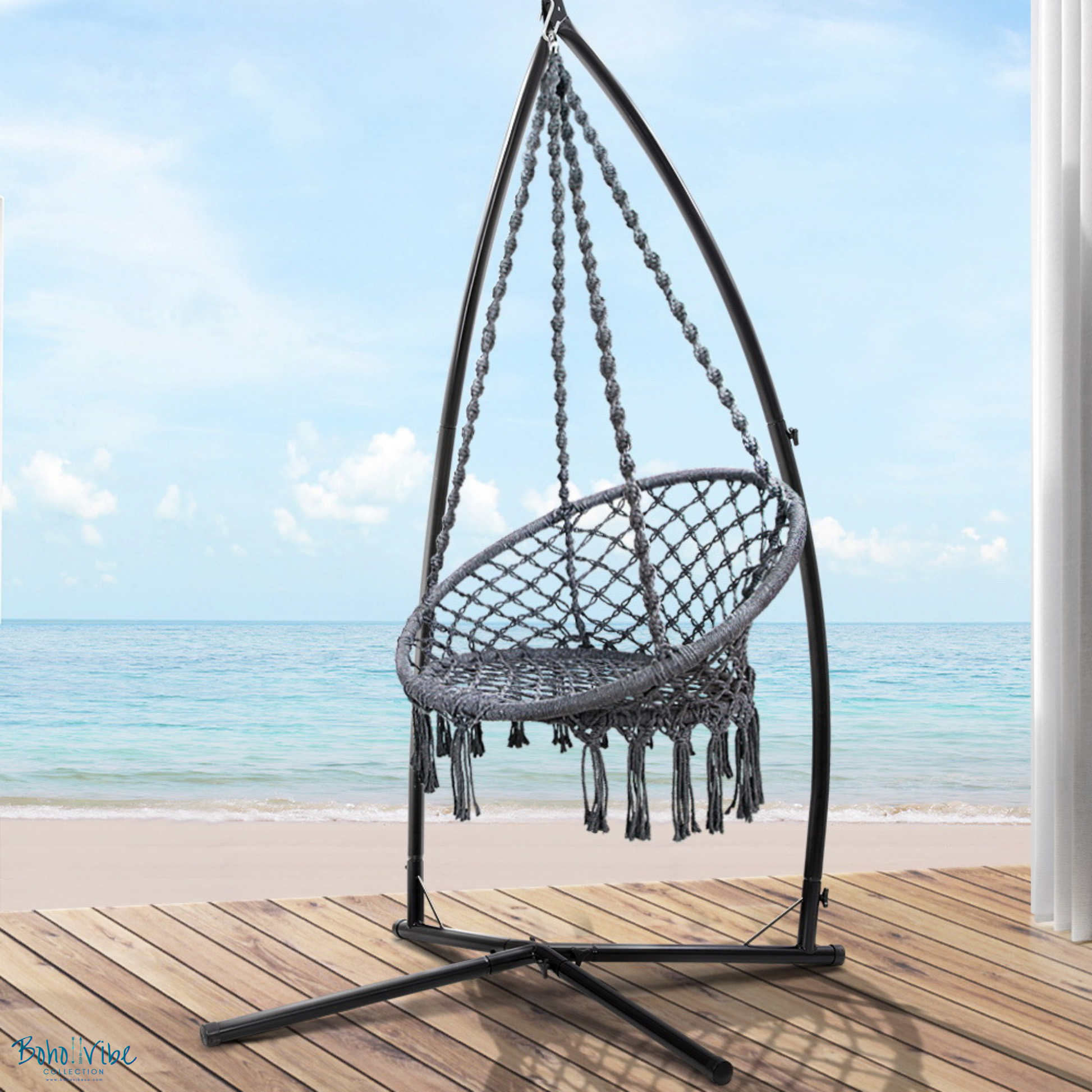 Boho ↡↟ Vibe Collection ↠ Grey Macramé Hammock Chair Swing with Steel Stand 