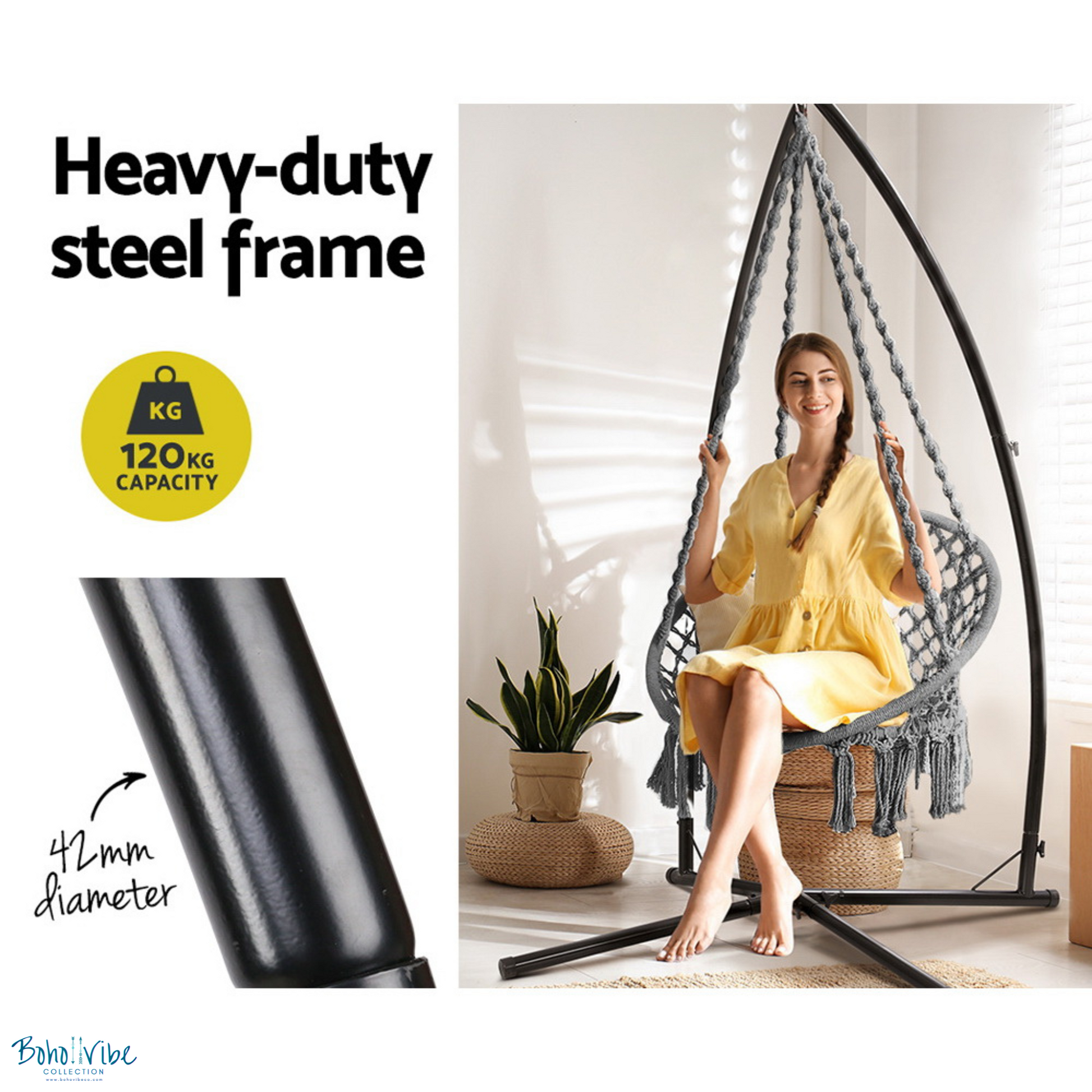 Boho ↡↟ Vibe Collection ↠ Grey Macramé Hammock Chair Swing with Steel Stand 