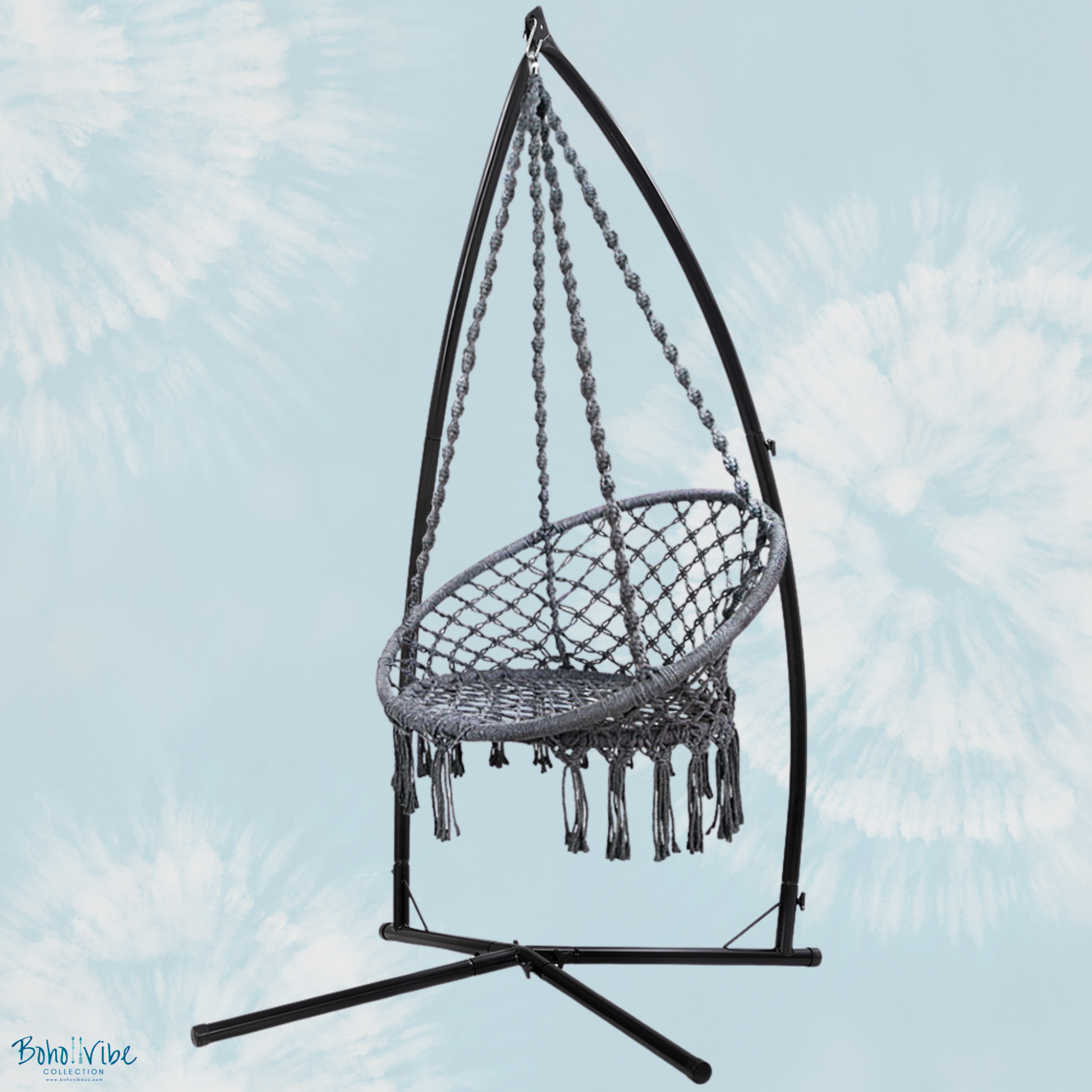 Boho ↡↟ Vibe Collection ↠ Grey Macramé Hammock Chair Swing with Steel Stand 
