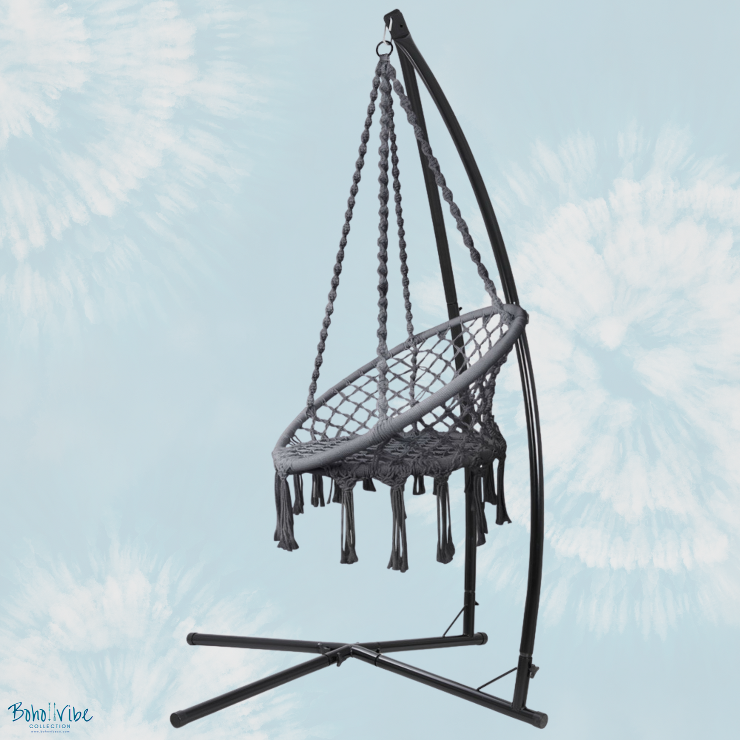 Boho ↡↟ Vibe Collection ↠ Grey Macramé Hammock Chair Swing with Steel Stand 
