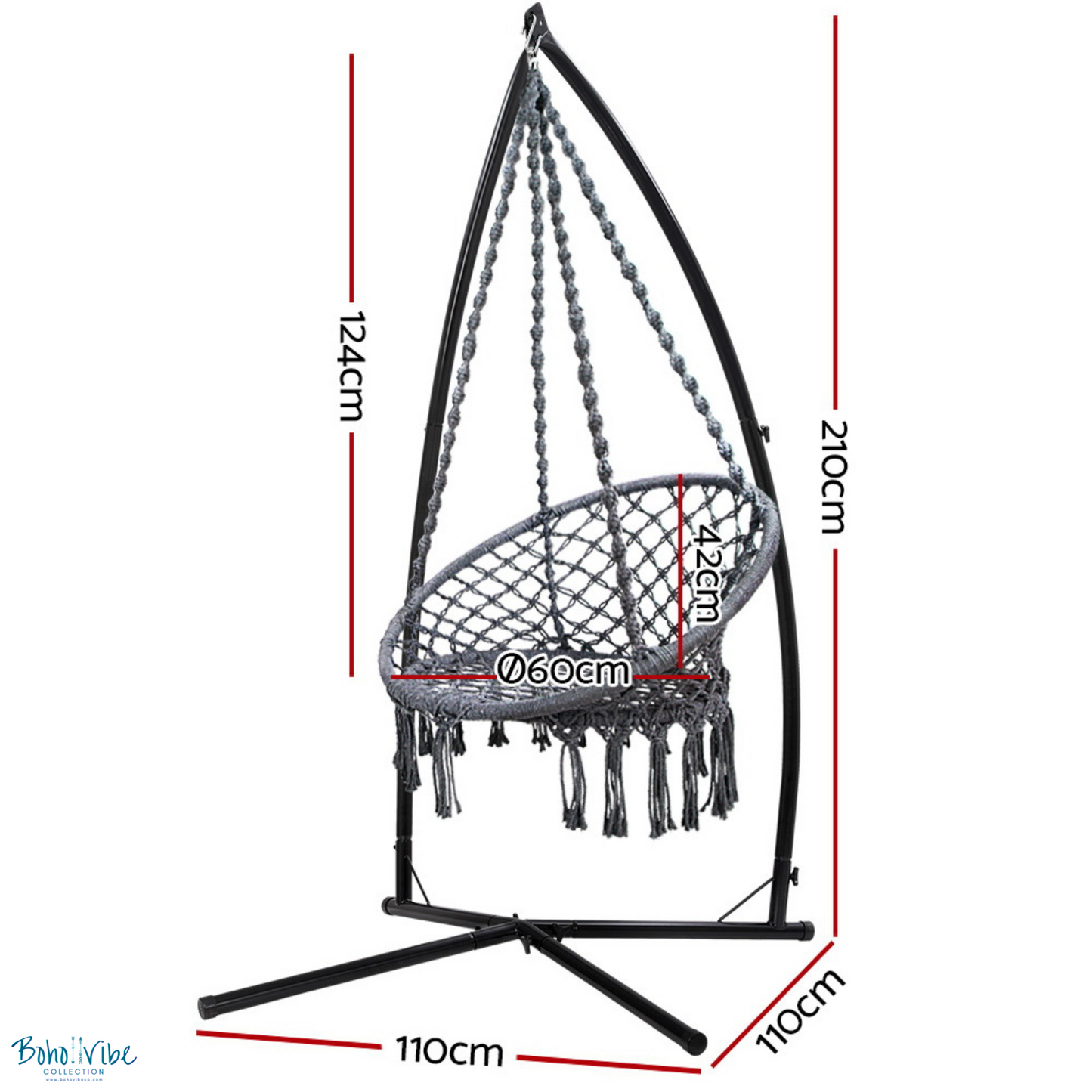 Boho ↡↟ Vibe Collection ↠ Grey Macramé Hammock Chair Swing with Steel Stand 