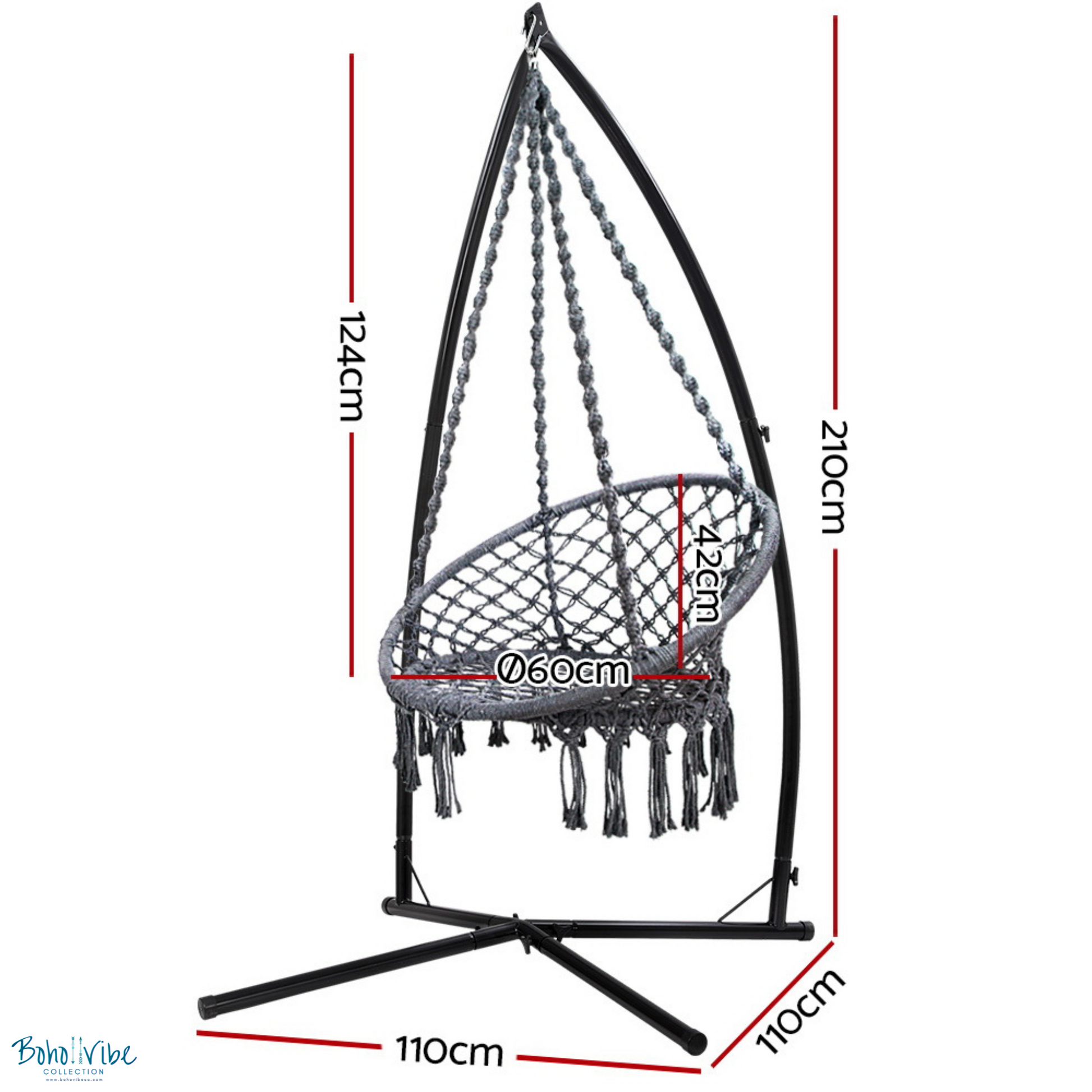 Boho ↡↟ Vibe Collection ↠ Grey Macramé Hammock Chair Swing with Steel Stand 