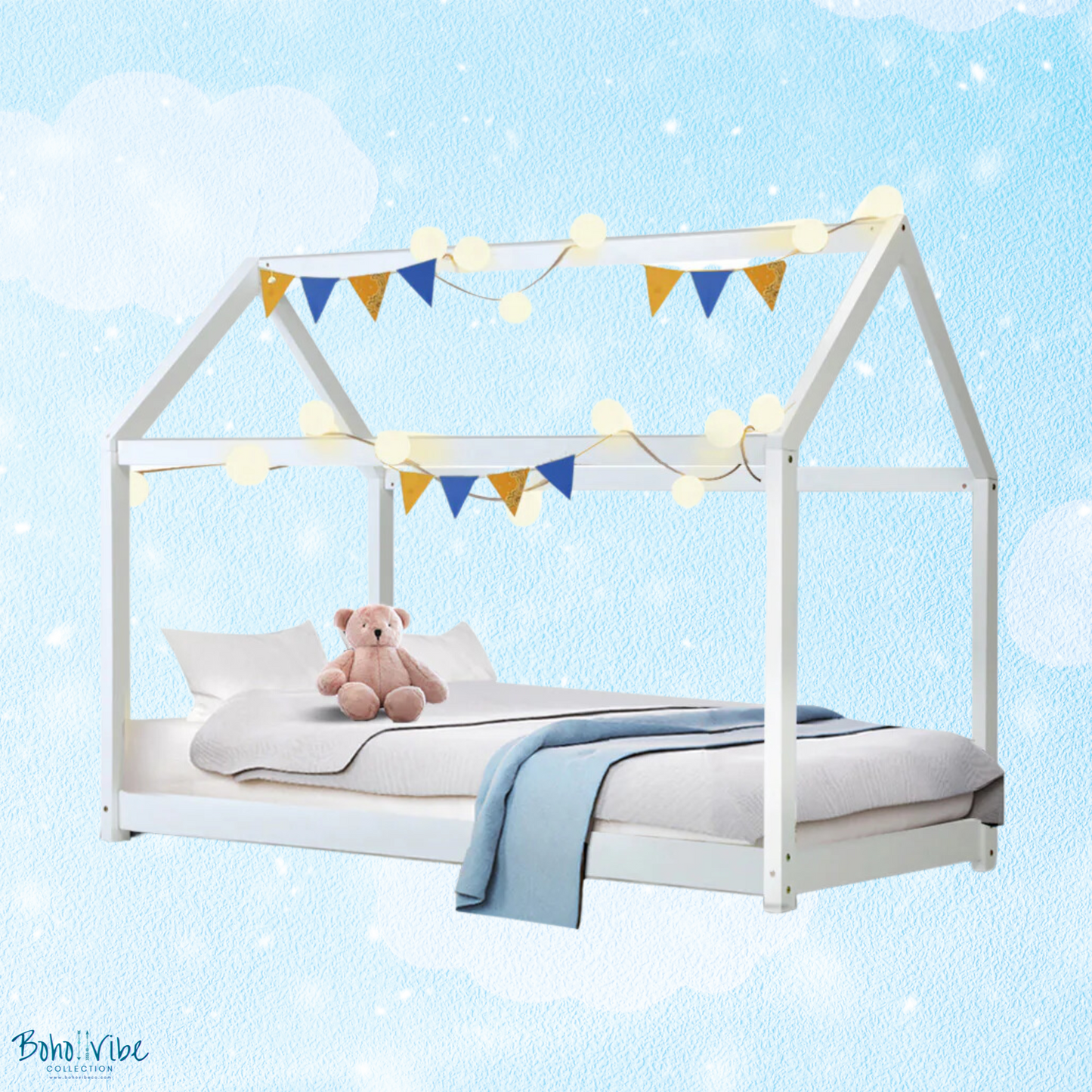 Boho ↡↟ Vibe Collection ↠ Kids Home Shaped White Bed Frame Single Sized Childrens House Wooden Bed 