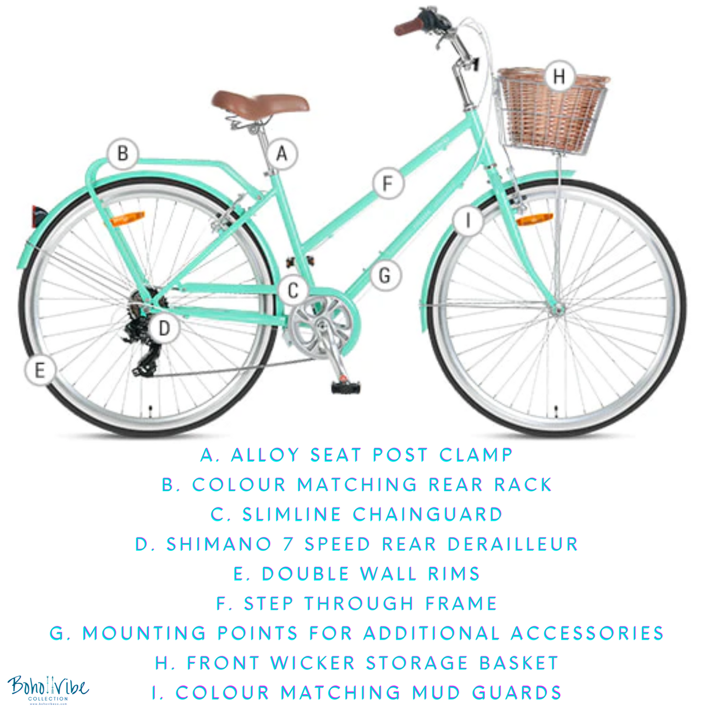 Boho ↡↟ Vibe Collection ↠  Vintage Cruiser Progear Pomona Coastal Commuter Bike Mint Ladies Teen 15" with Basket