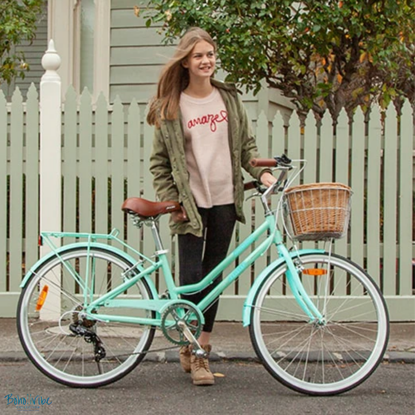 Boho ↡↟ Vibe Collection ↠  Vintage Cruiser Progear Pomona Coastal Commuter Petite Bike Mint Ladies Teen 13" with Basket 