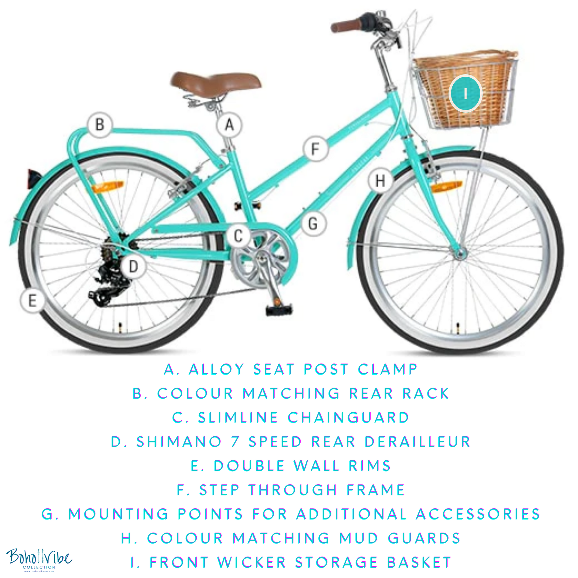 Boho ↡↟ Vibe Collection ↠  Vintage Cruiser Progear Pomona Coastal Commuter Petite Bike Mint Ladies Teen 13" with Basket 