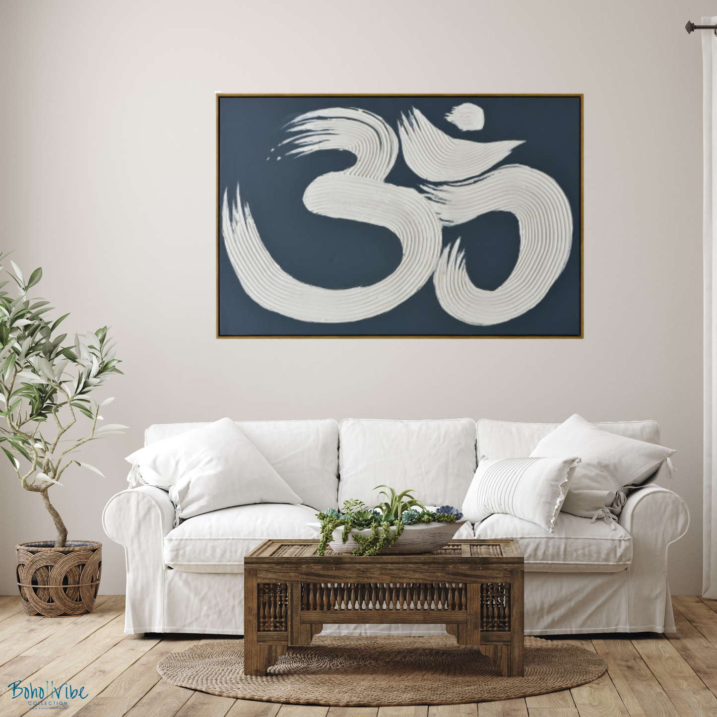 Boho ↡↟ Vibe Collection ↠ OM / AUM Modern Mantra Dark Wood Framed Canvas Wall Art 