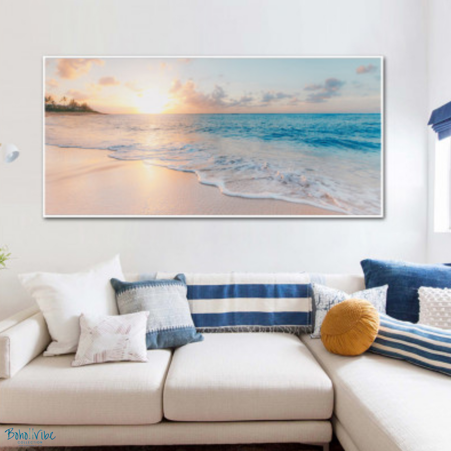 Ocean Beach Water Waves Sun Sand Sea White Canvas Framed Wall Art ↡