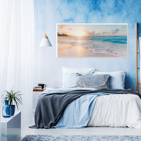 Boho ↡↟ Vibe Collection ↠ Ocean Beach Water Waves Sun White Canvas Framed Wall Art