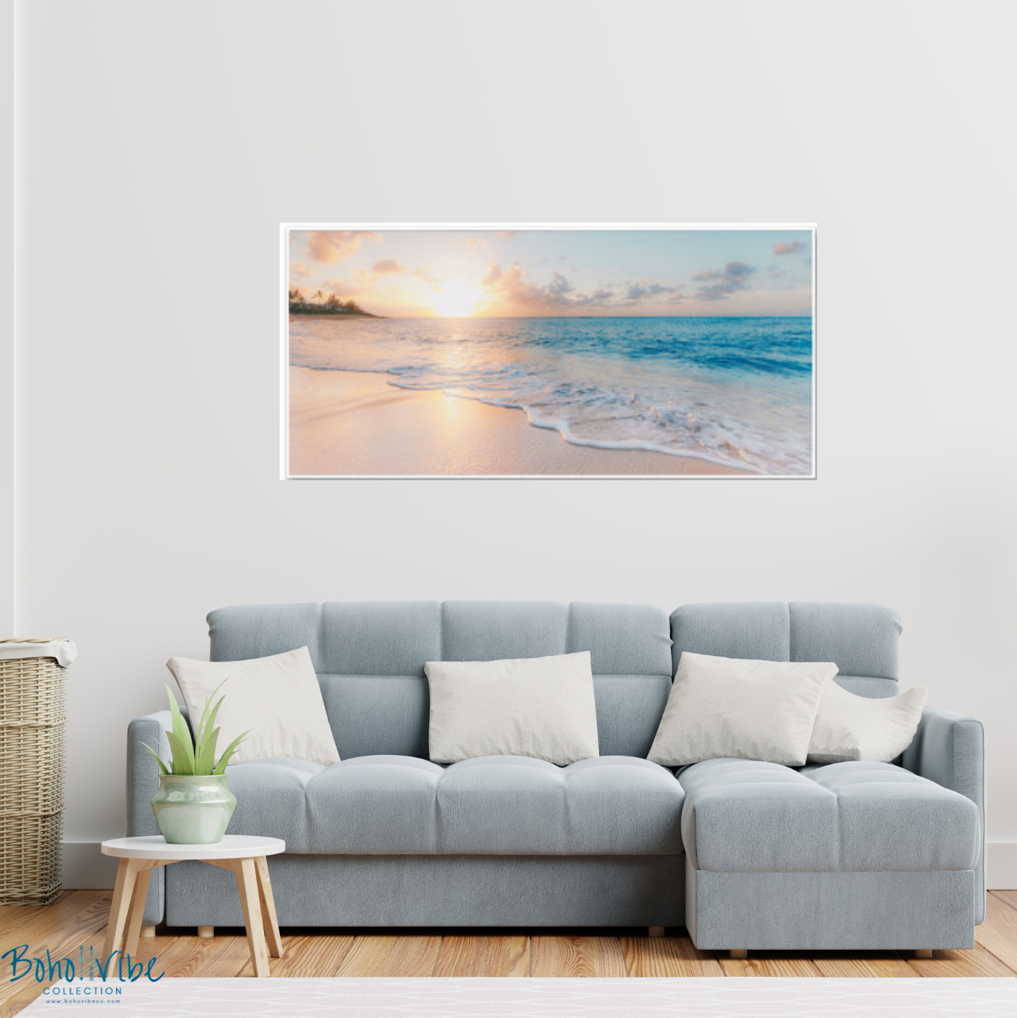 Boho ↡↟ Vibe Collection ↠ Ocean Beach Water Waves Sun White Canvas Framed Wall Art