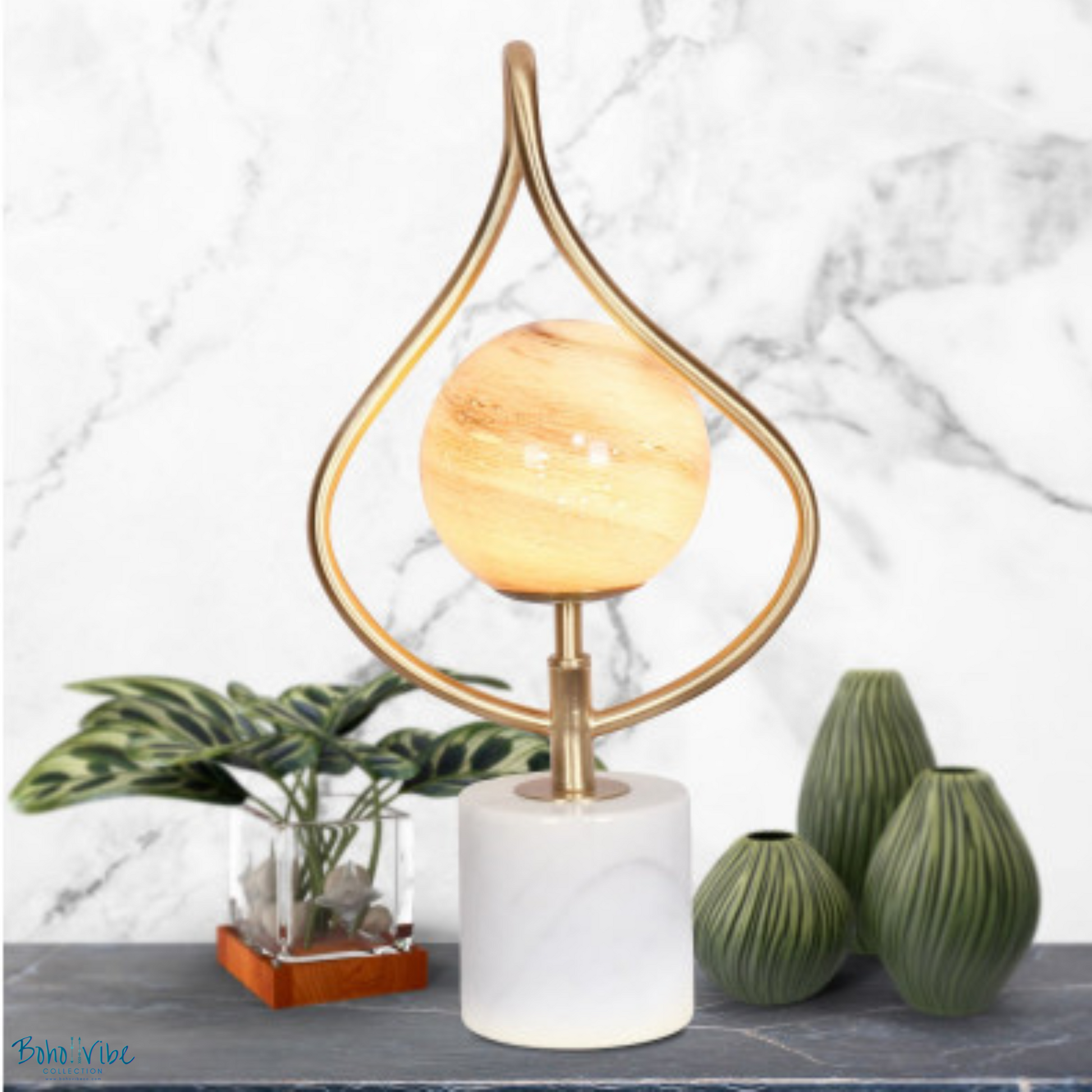 Boho ↡↟ Vibe Collection ↠ Orange Glass White Marble Base Table Lamp 