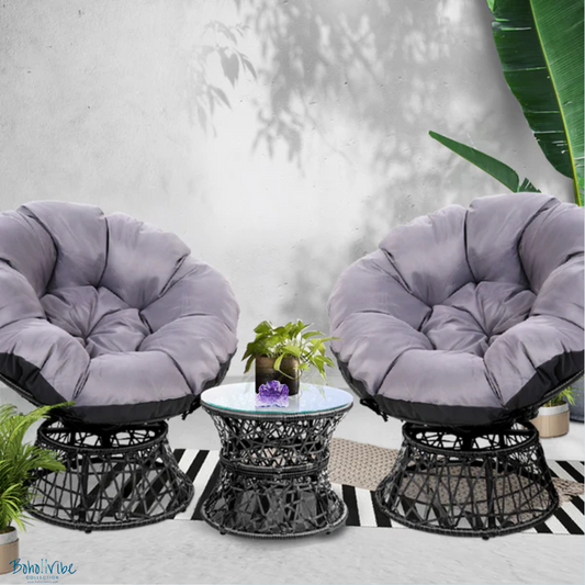 Boho ↡↟ Vibe Collection ↠ Bohemian Papasan Chairs and Black Rattan Furniture Table and Chairs Set