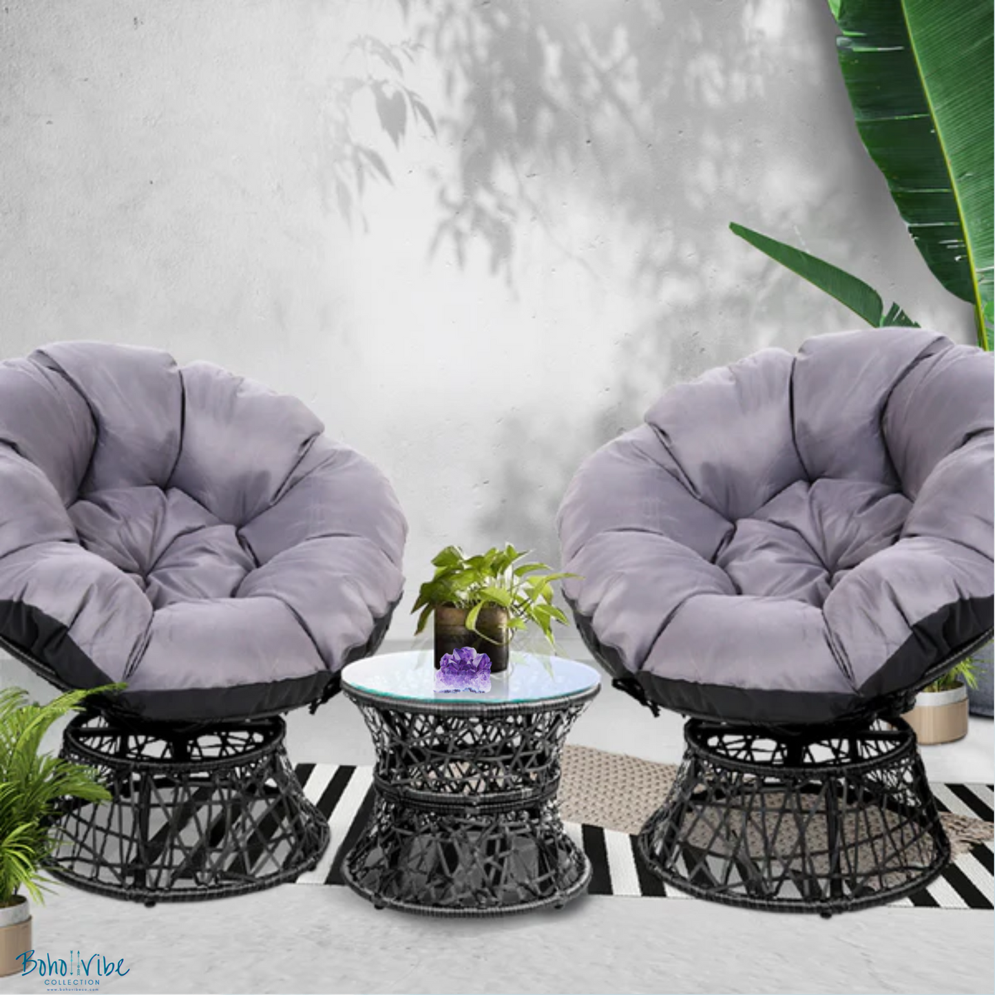 Boho ↡↟ Vibe Collection ↠ Bohemian Papasan Chairs and Black Rattan Furniture Table and Chairs Set