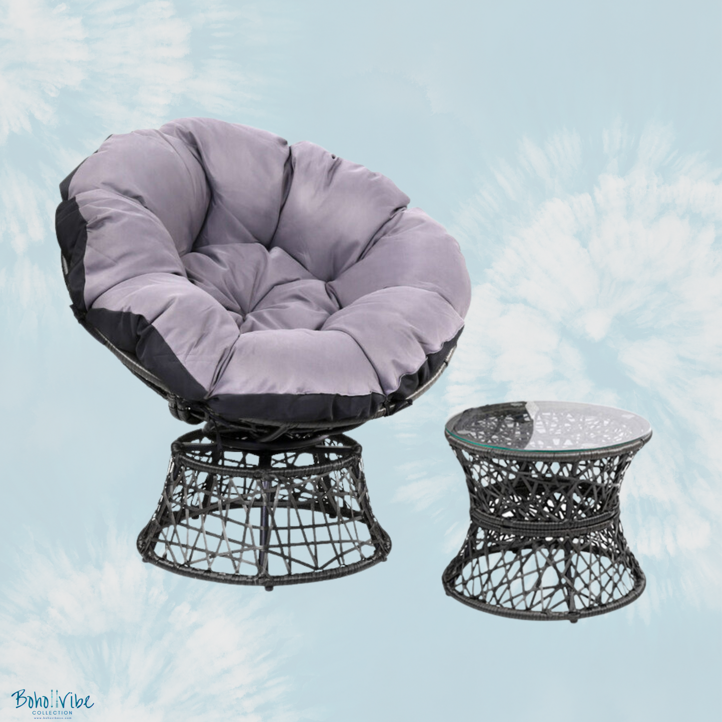 Boho ↡↟ Vibe Collection ↠ Bohemian Papasan Chairs and Black Rattan Furniture Table and Chairs Set