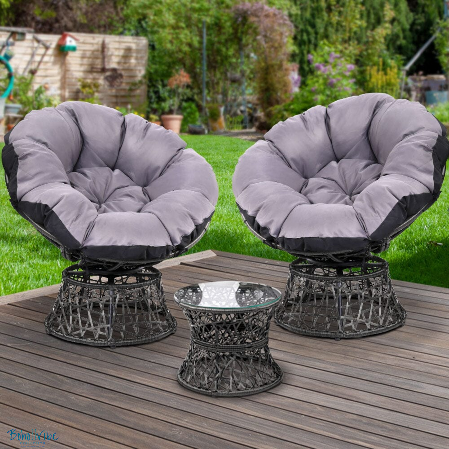 Boho ↡↟ Vibe Collection ↠ Bohemian Papasan Chairs and Black Rattan Furniture Table and Chairs Set