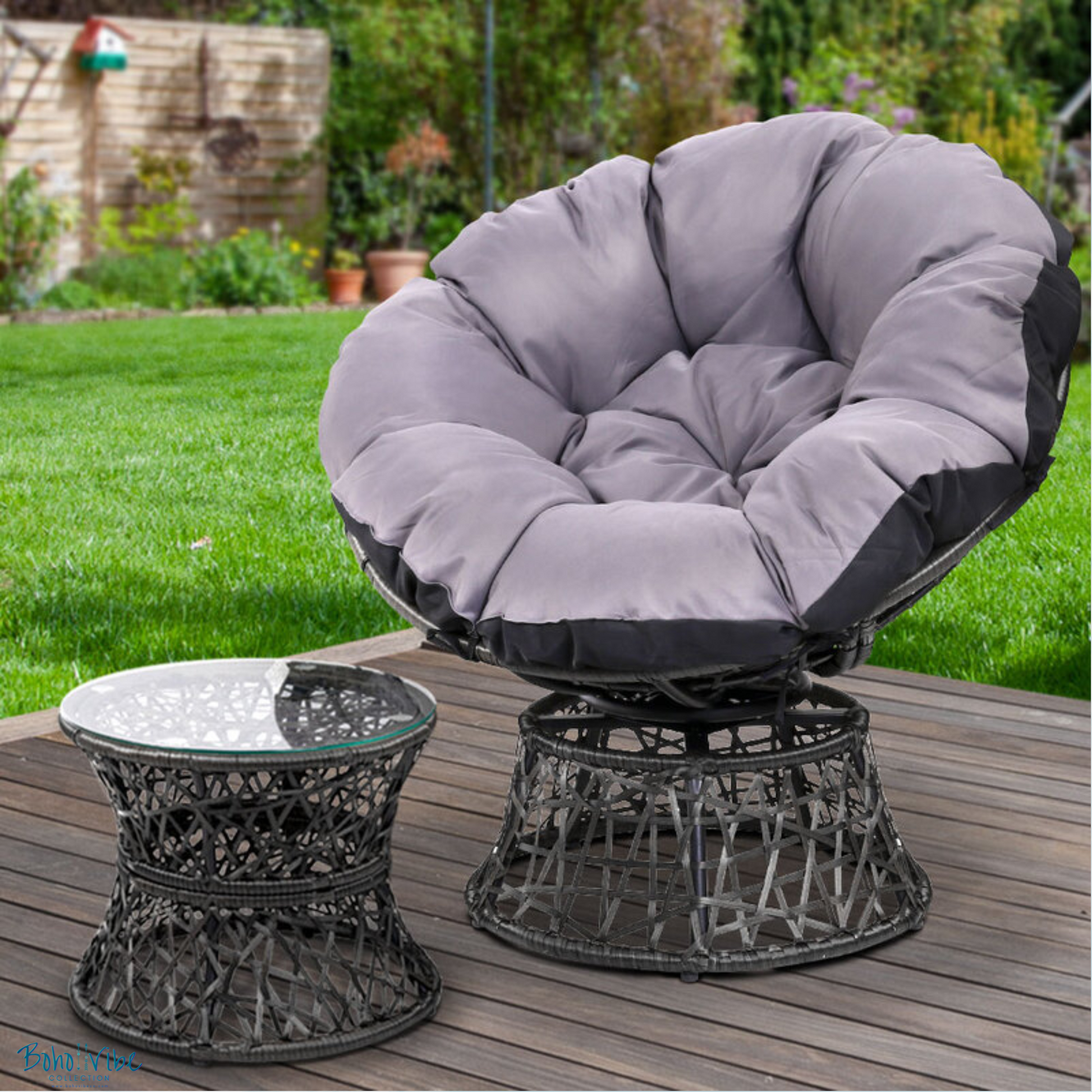 Boho ↡↟ Vibe Collection ↠ Bohemian Papasan Chairs and Black Rattan Furniture Table and Chairs Set