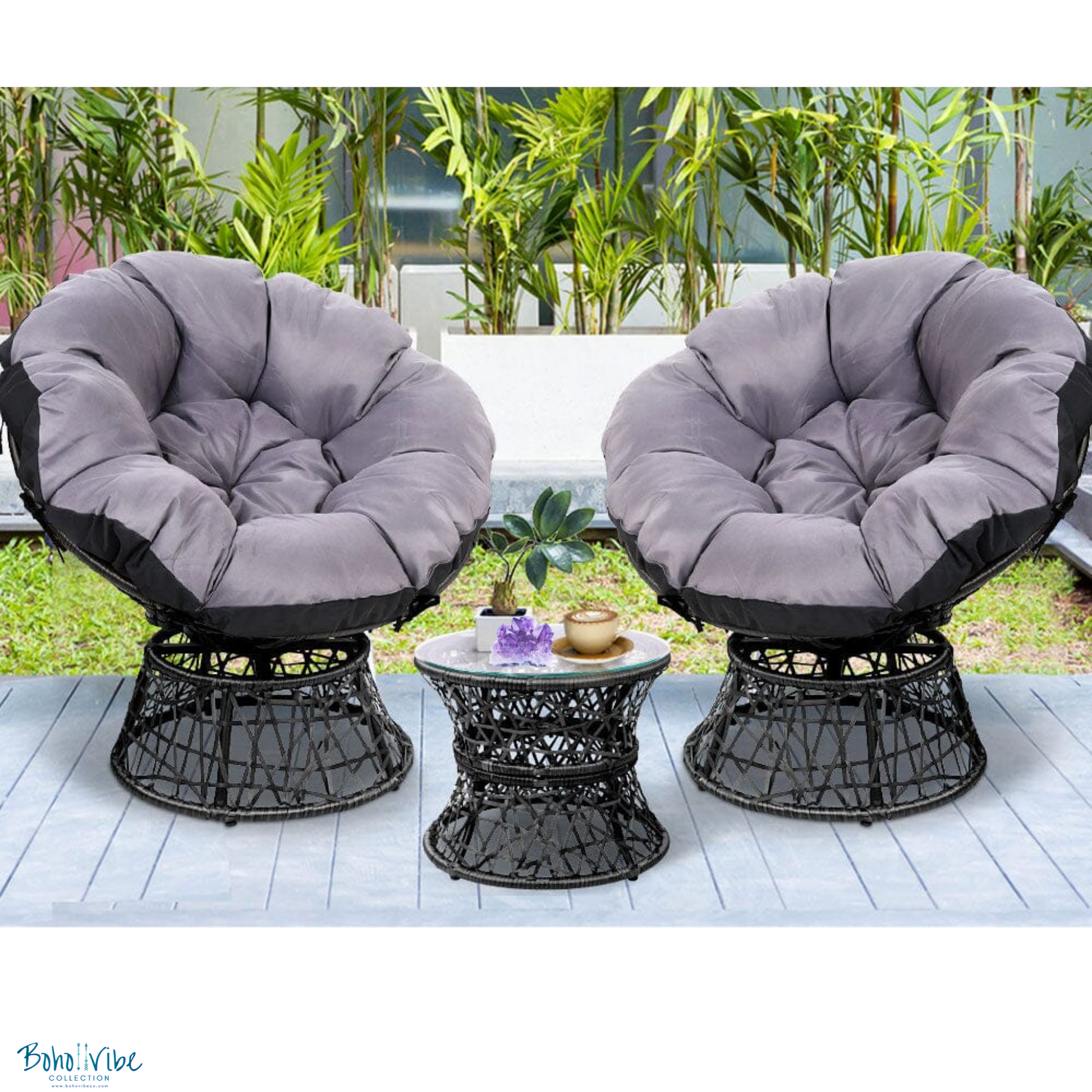 Boho ↡↟ Vibe Collection ↠ Bohemian Papasan Chairs and Black Rattan Furniture Table and Chairs Set