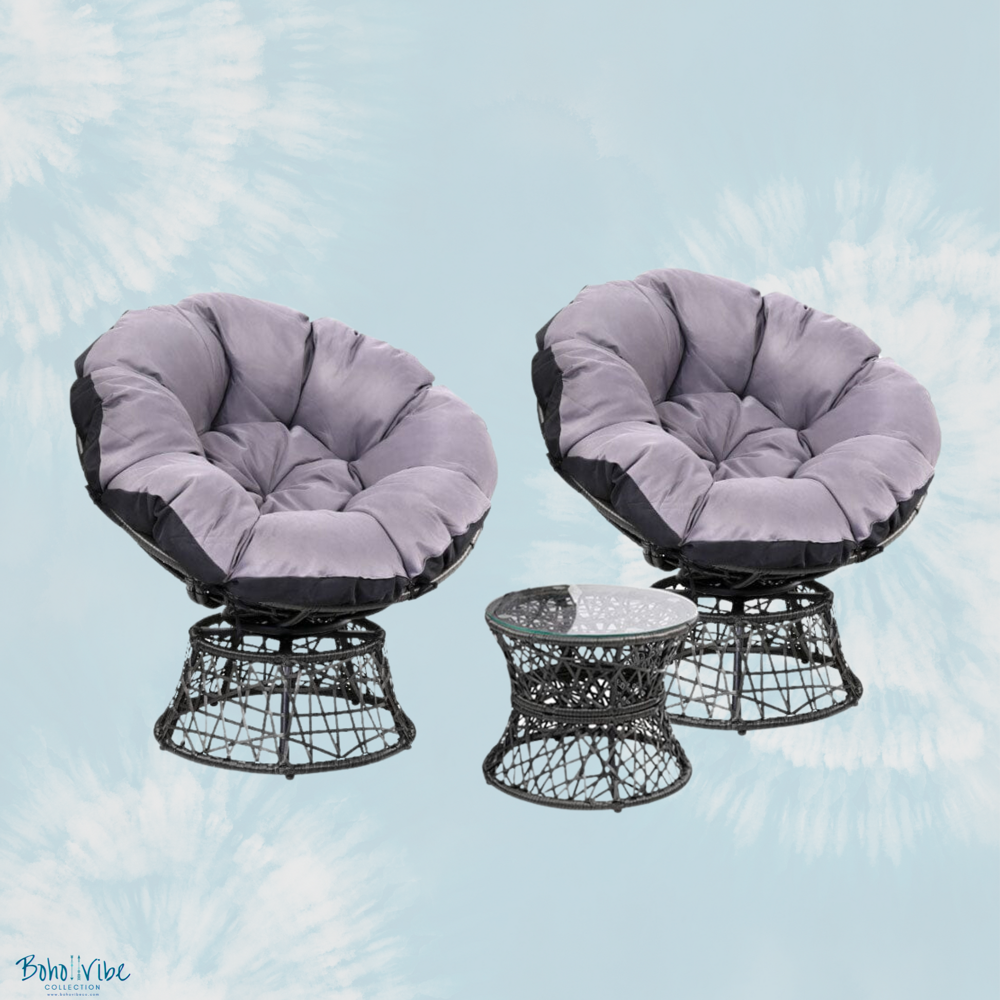 Boho ↡↟ Vibe Collection ↠ Bohemian Papasan Chairs and Black Rattan Furniture Table and Chairs Set