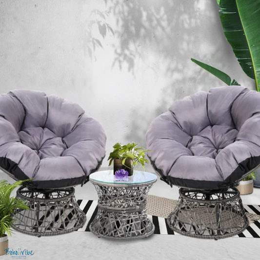 Boho ↡↟ Vibe Collection ↠ Bohemian Papasan Chairs and Grey Rattan Furniture Table and Chairs Set 