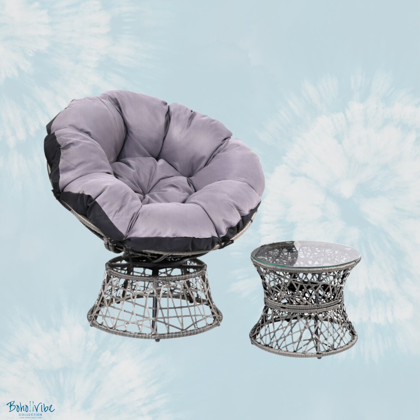 Boho ↡↟ Vibe Collection ↠ Bohemian Papasan Chairs and Grey Rattan Furniture Table and Chairs Set 