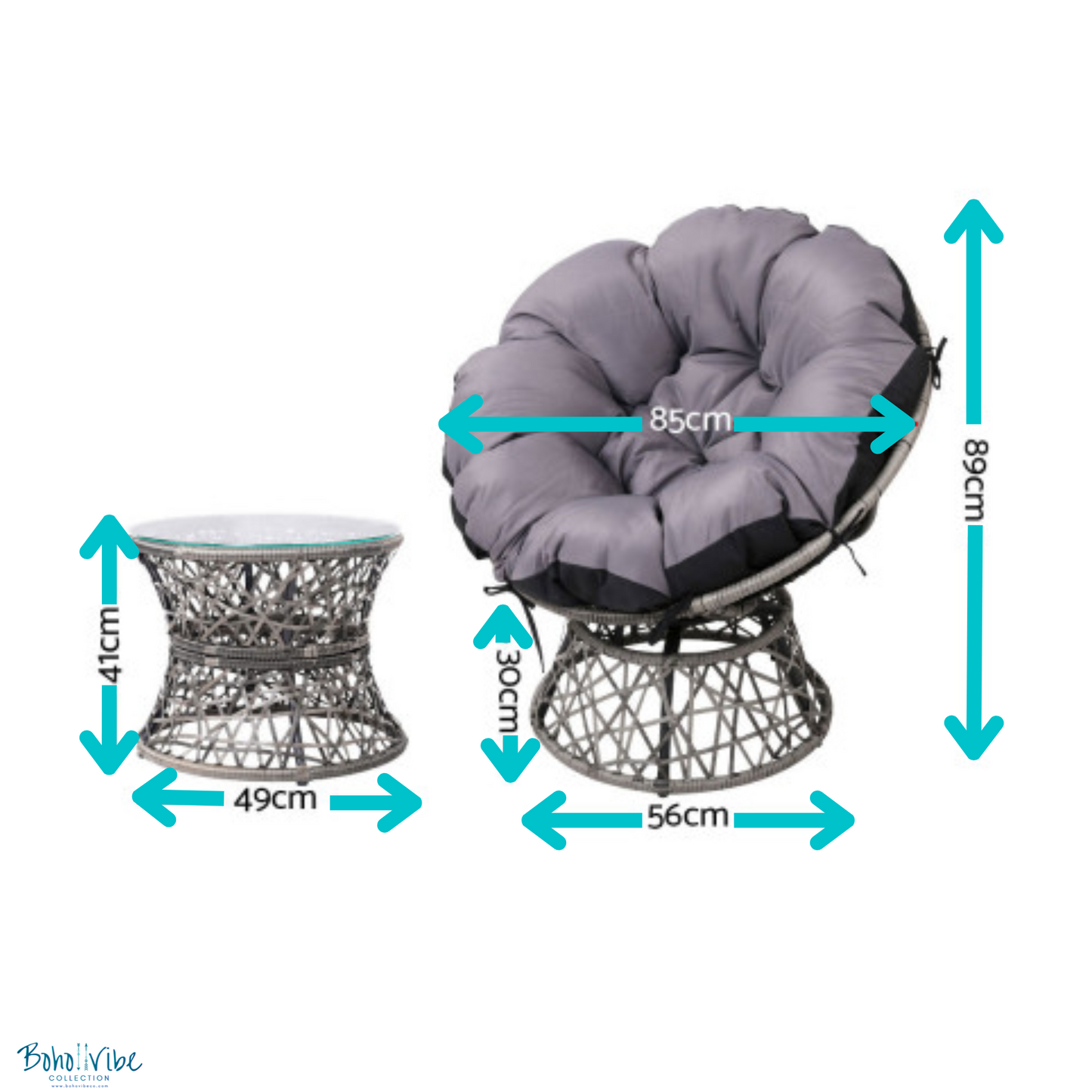 Boho ↡↟ Vibe Collection ↠ Bohemian Papasan Chairs and Grey Rattan Furniture Table and Chairs Set 