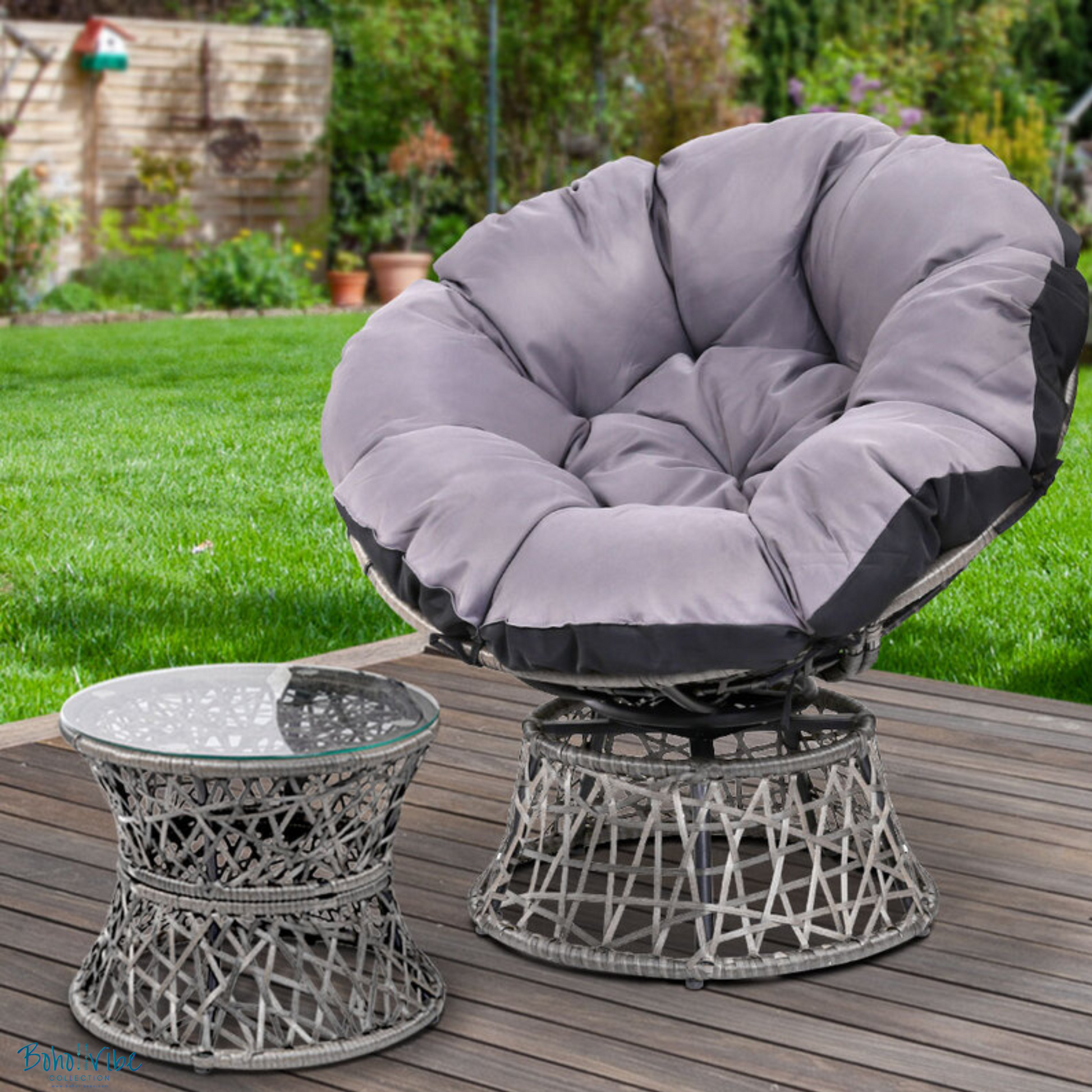 Boho ↡↟ Vibe Collection ↠ Bohemian Papasan Chairs and Grey Rattan Furniture Table and Chairs Set 