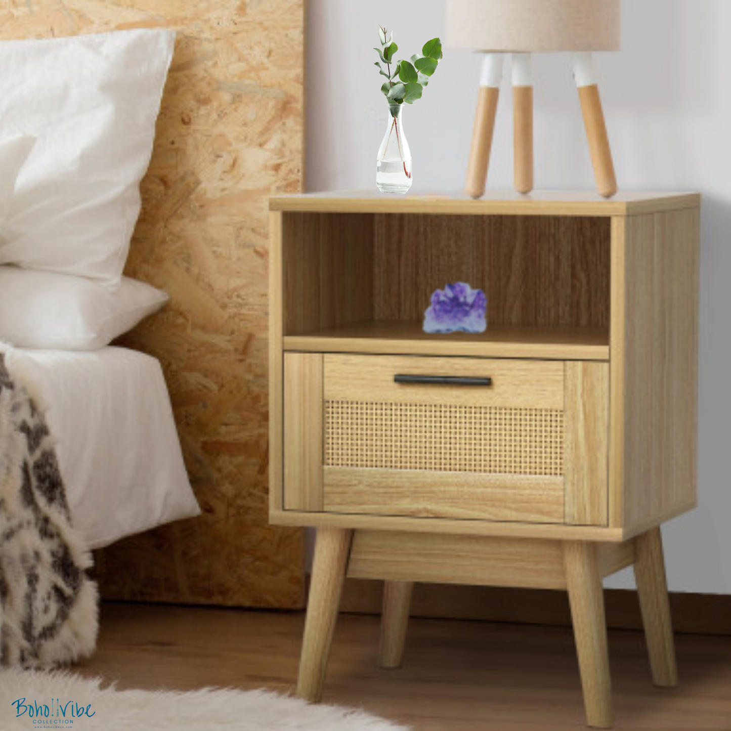 Boho ↡↟ Vibe Collection ↠ Rattan Bohemian Nightstand Drawer & Storage Shelf Bedroom Coastal Cabinet Side Table