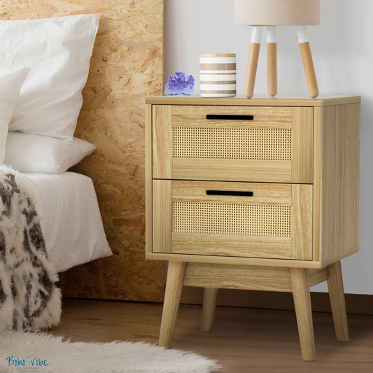 Boho ↡↟ Vibe Collection ↠ Rattan Bohemian Nightstand 2 Drawer & Storage Shelf Bedroom Coastal Cabinet Side Table 