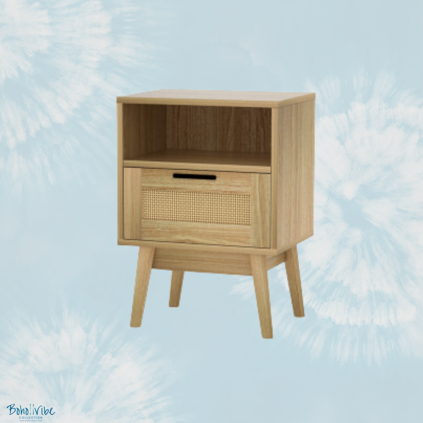 Boho ↡↟ Vibe Collection ↠ Rattan Bohemian Nightstand Drawer & Storage Shelf Bedroom Coastal Cabinet Side Table